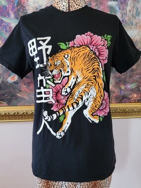Black Tee with Vibrant Tiger and Pink Floral Graphic
